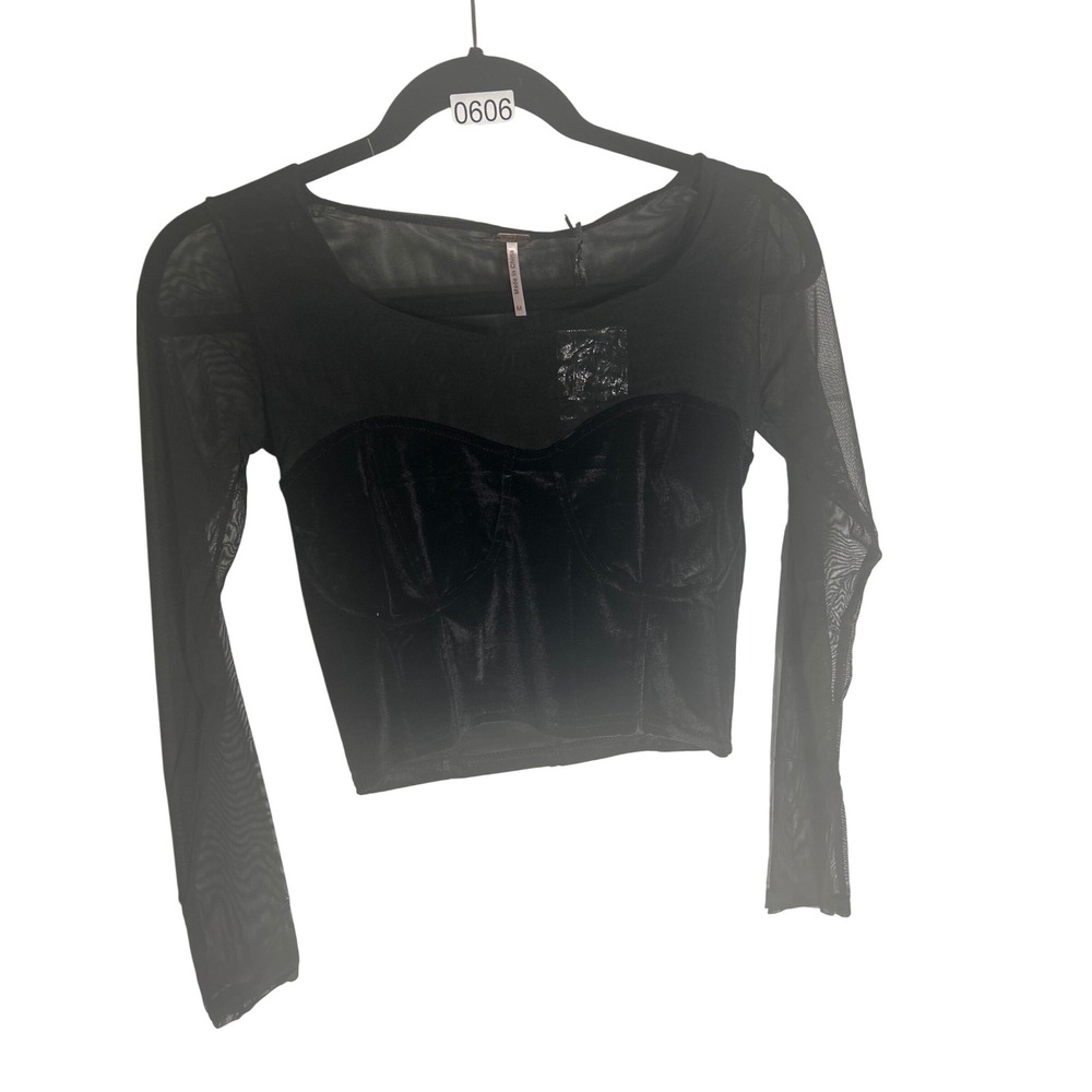 Poof Apparel Black Velvet Mesh Long Sleeve Corset Crop Top‎ Sweetheart Size M